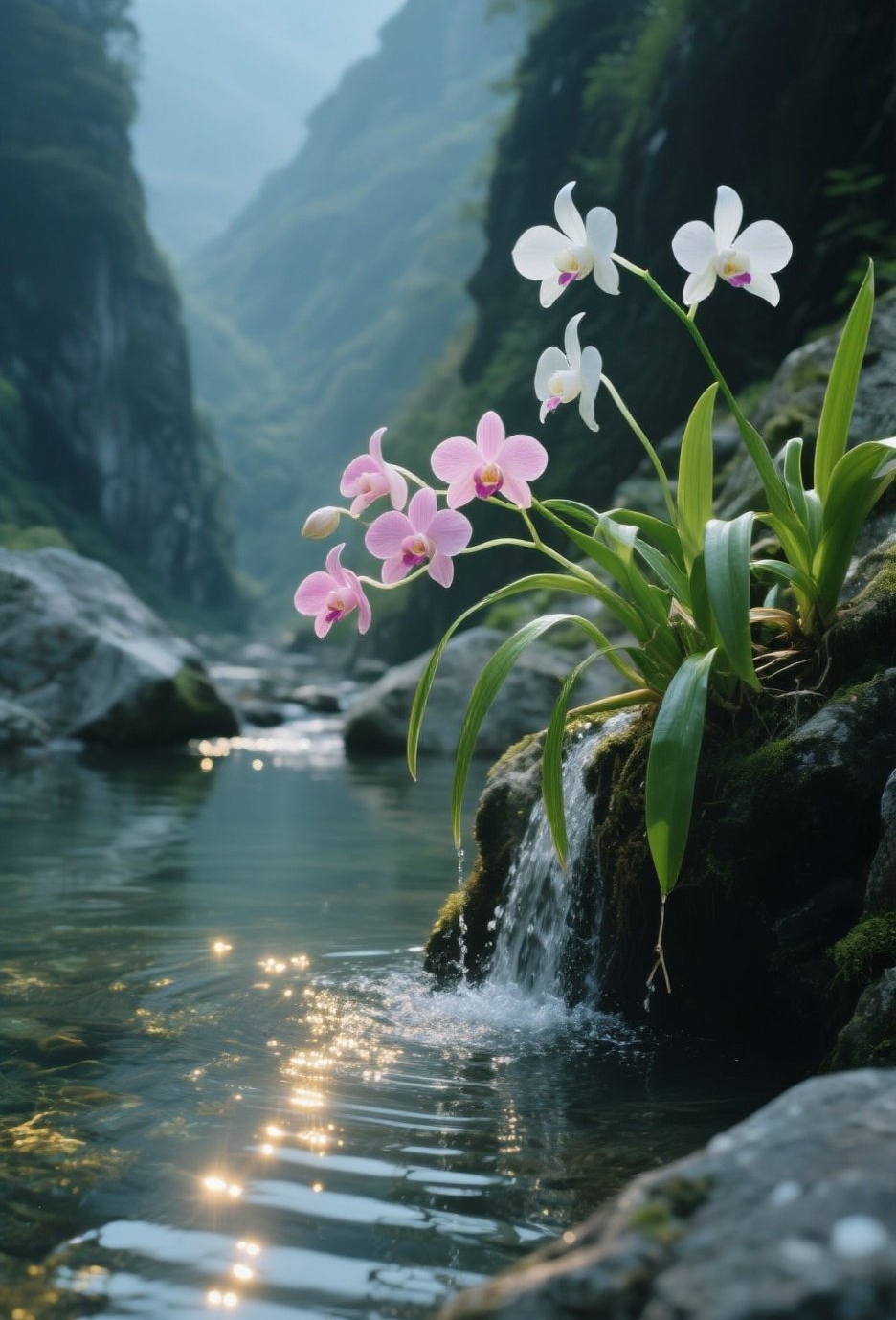 山谷中的清泉流过,粉白色的兰花悄然绽放,美得让人心醉
