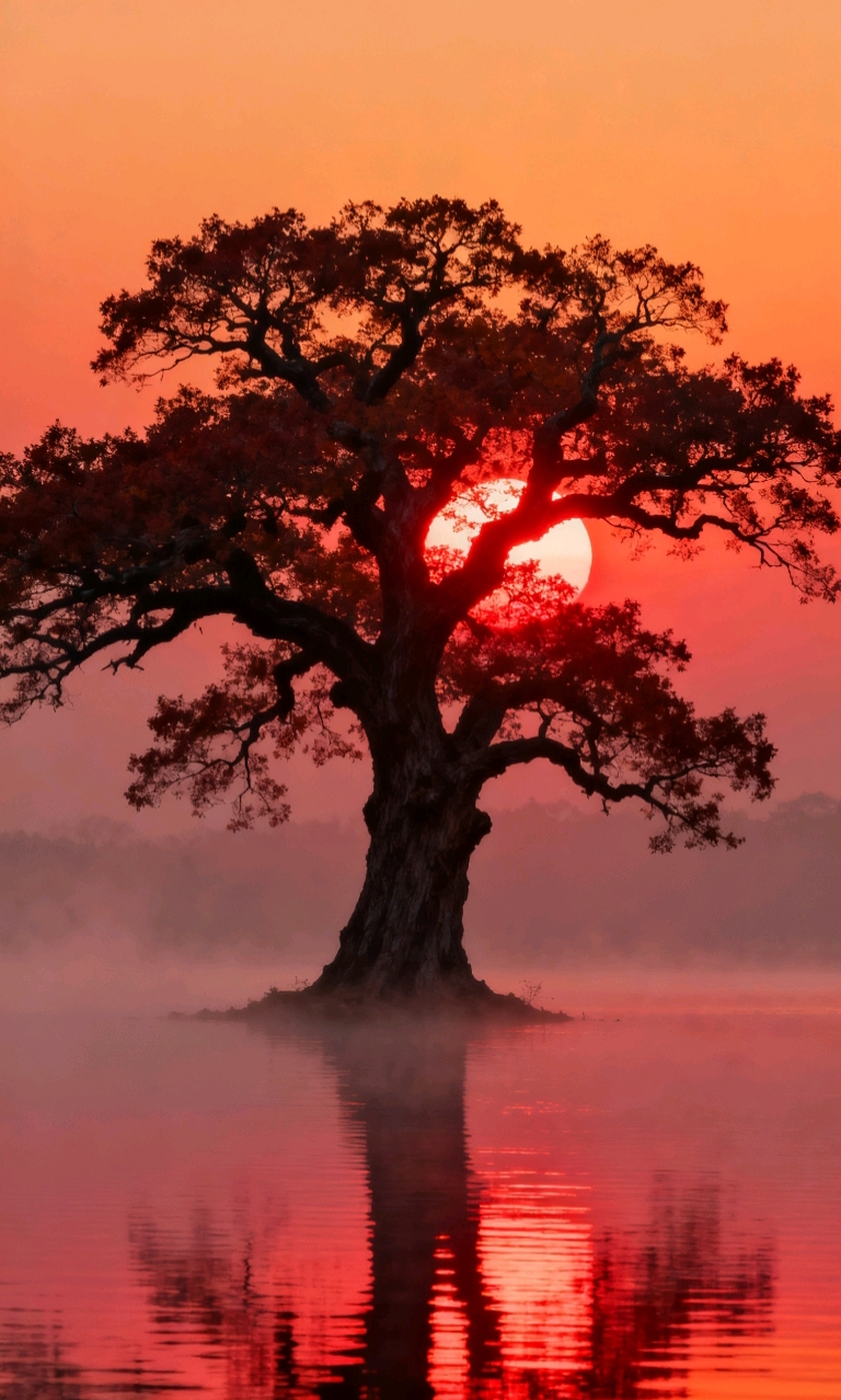 清晨,我在湖边散步,被一棵树下的日出美景深深吸引