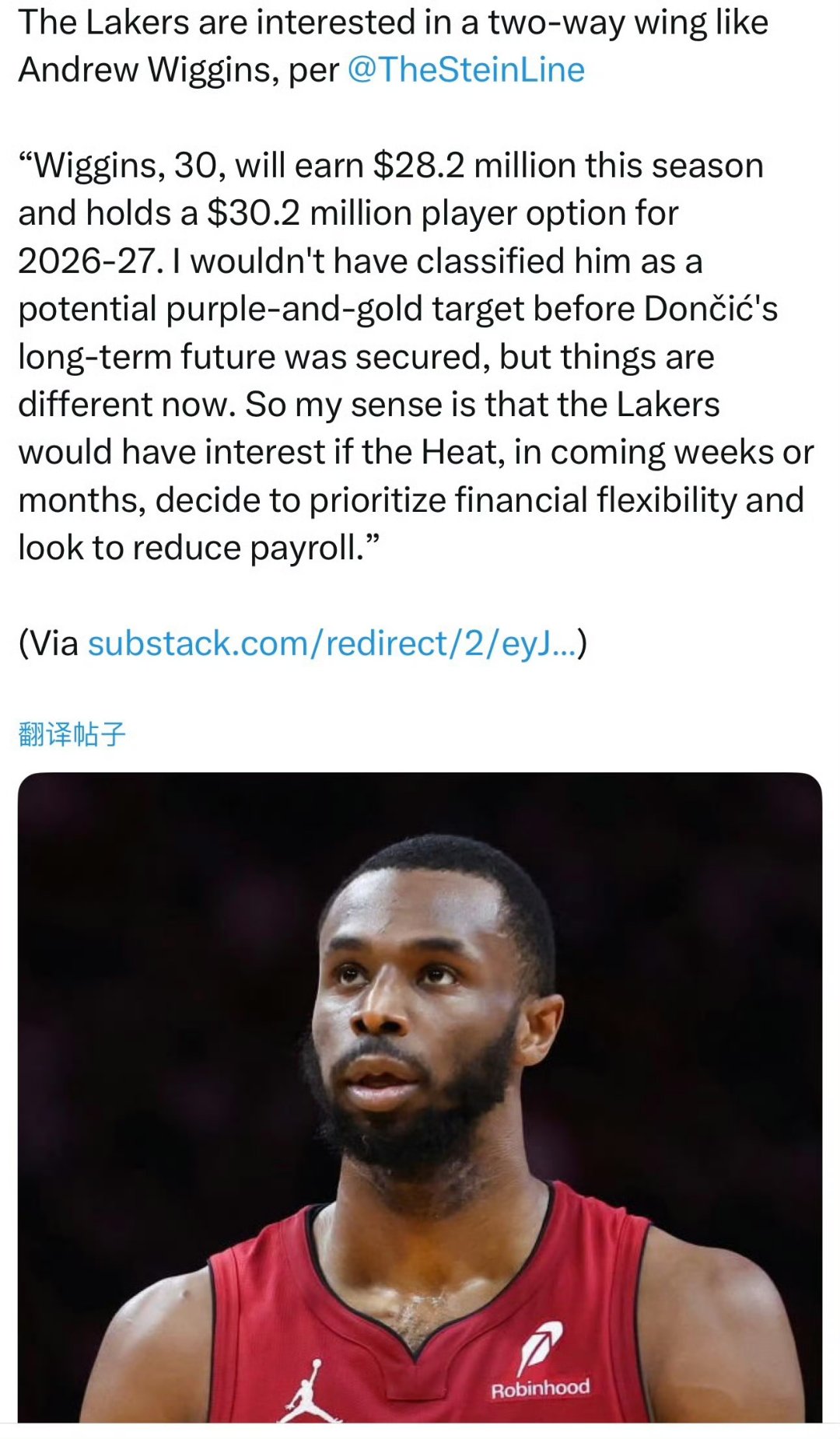 据marc stein报道湖人对像安德鲁·威金斯这样攻守兼备的侧翼球员感