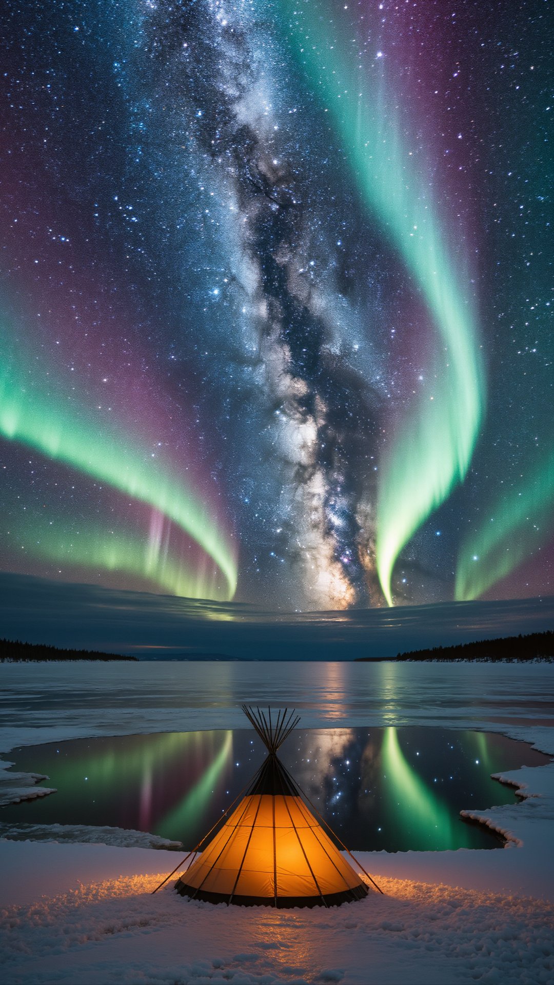 北极圈冬季夜晚,璀璨的白绿色与蓝紫色极光在夜空中舞动,倒映在结冰