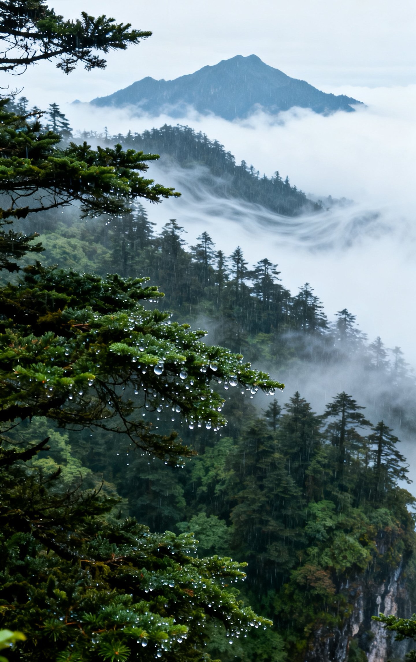 云雾缭绕下远山的空灵,浓密的松石,留白处似云雾流动,意境悠远,禅意