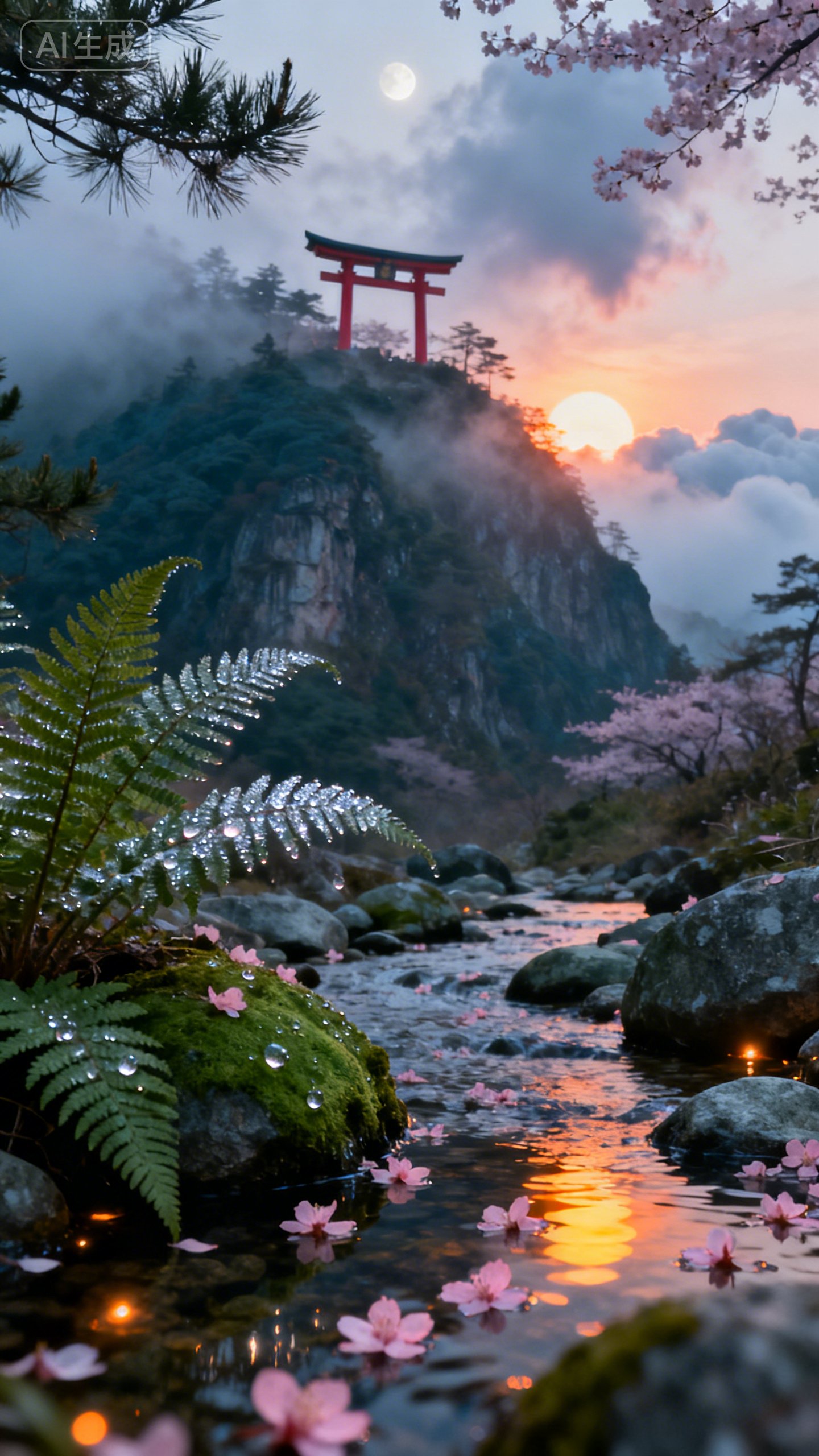 一张优美风景画,晨雾像揉碎的月光漫过青黛色的山脊,沾着露水的蕨类在