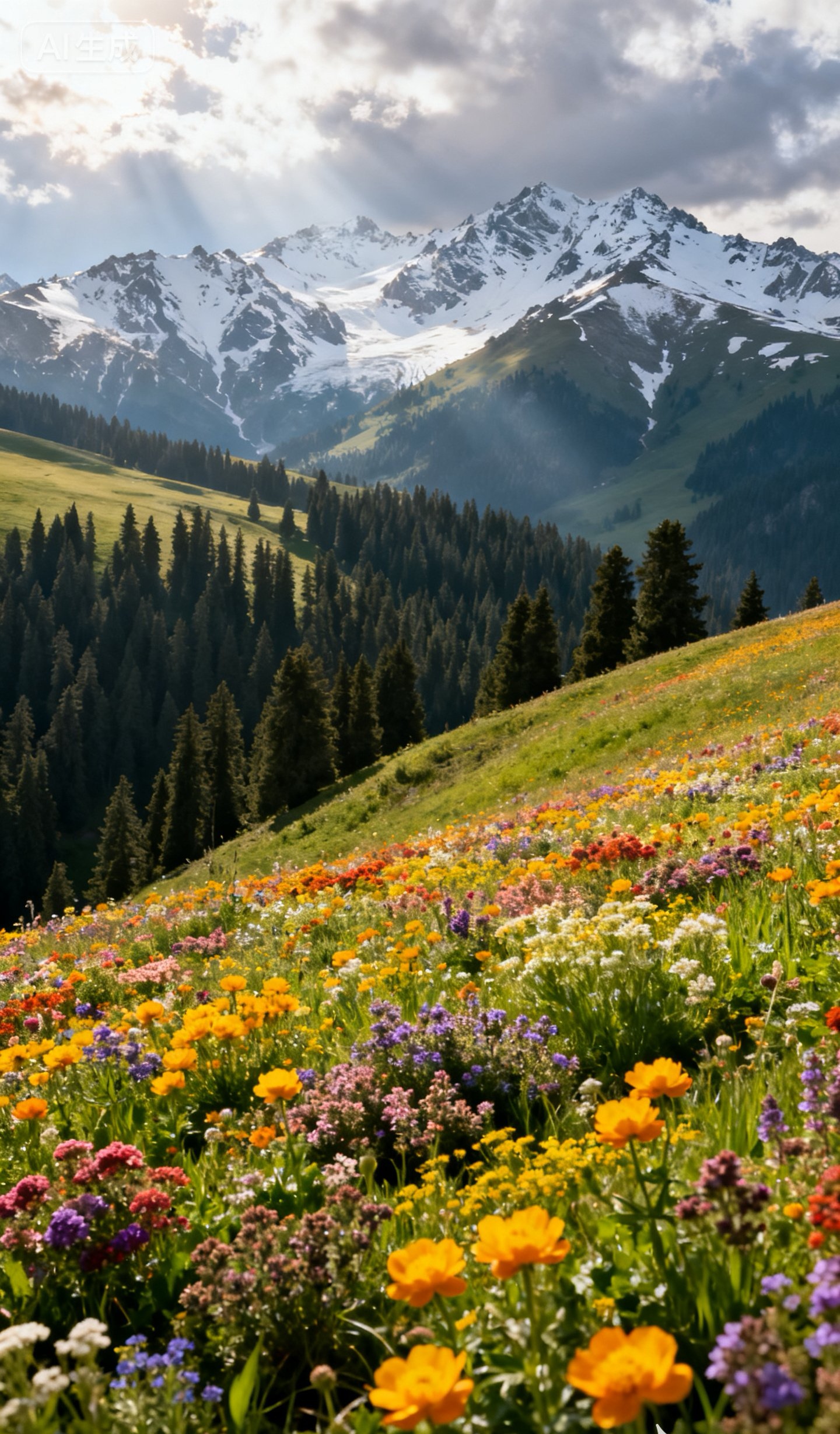 夏季,五颜六色的野花(金莲花,百里香等)如地毯般铺满整个山坡,背景是