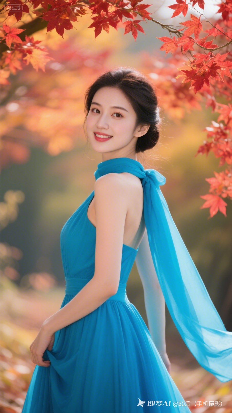 绝色美人立在其间,白皙肌肤衬得红叶更艳