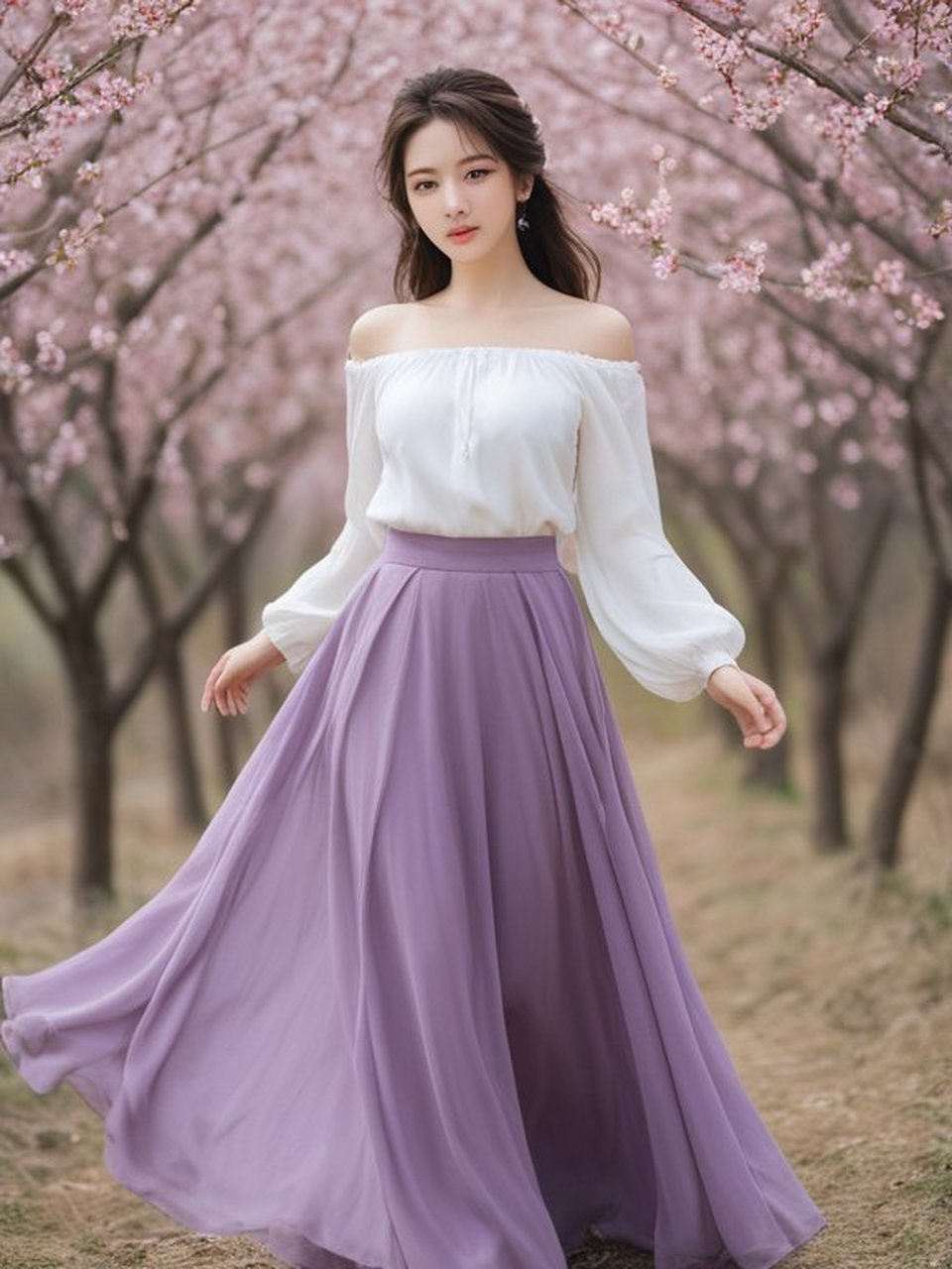 轻盈飘逸的裙摆在微风中舞动,仿佛置身于一幅唯美的画卷中.