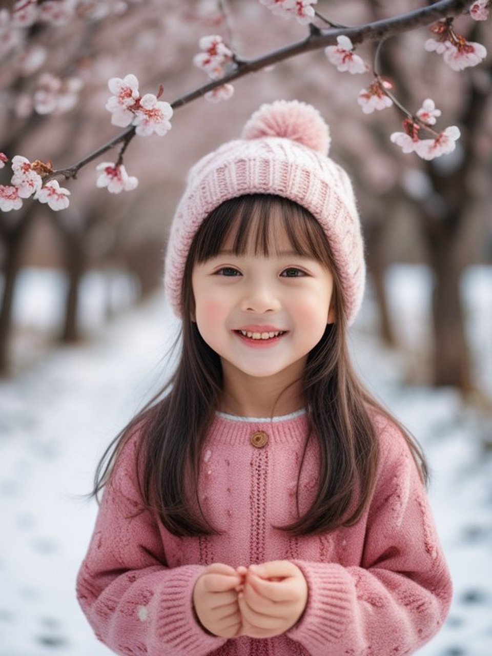 小女孩站在粉色的花海中,笑容灿烂,像是落入凡尘的小精灵.