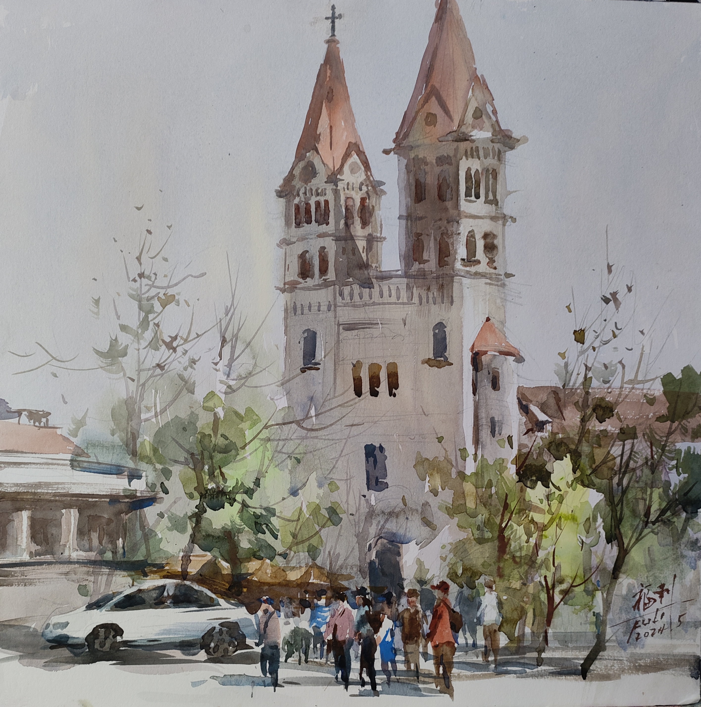 董福利水彩写生作品~《青岛天主教堂》