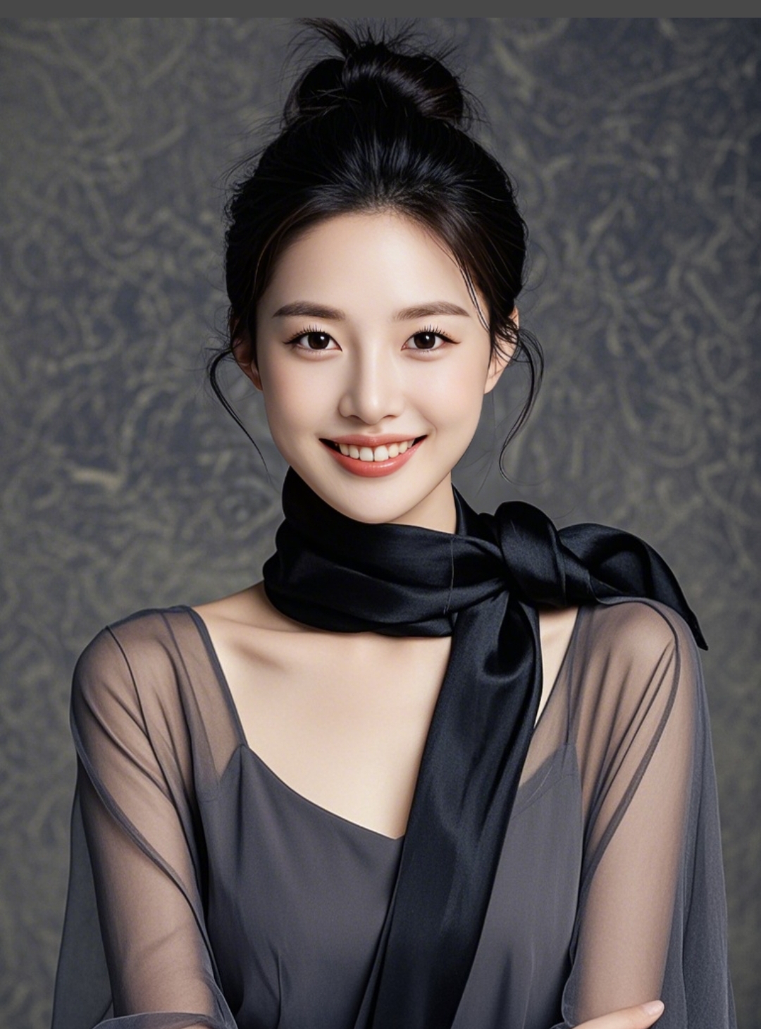 黑色丝巾如灵动的笔触,于颈间勾勒出曼妙风情,似神