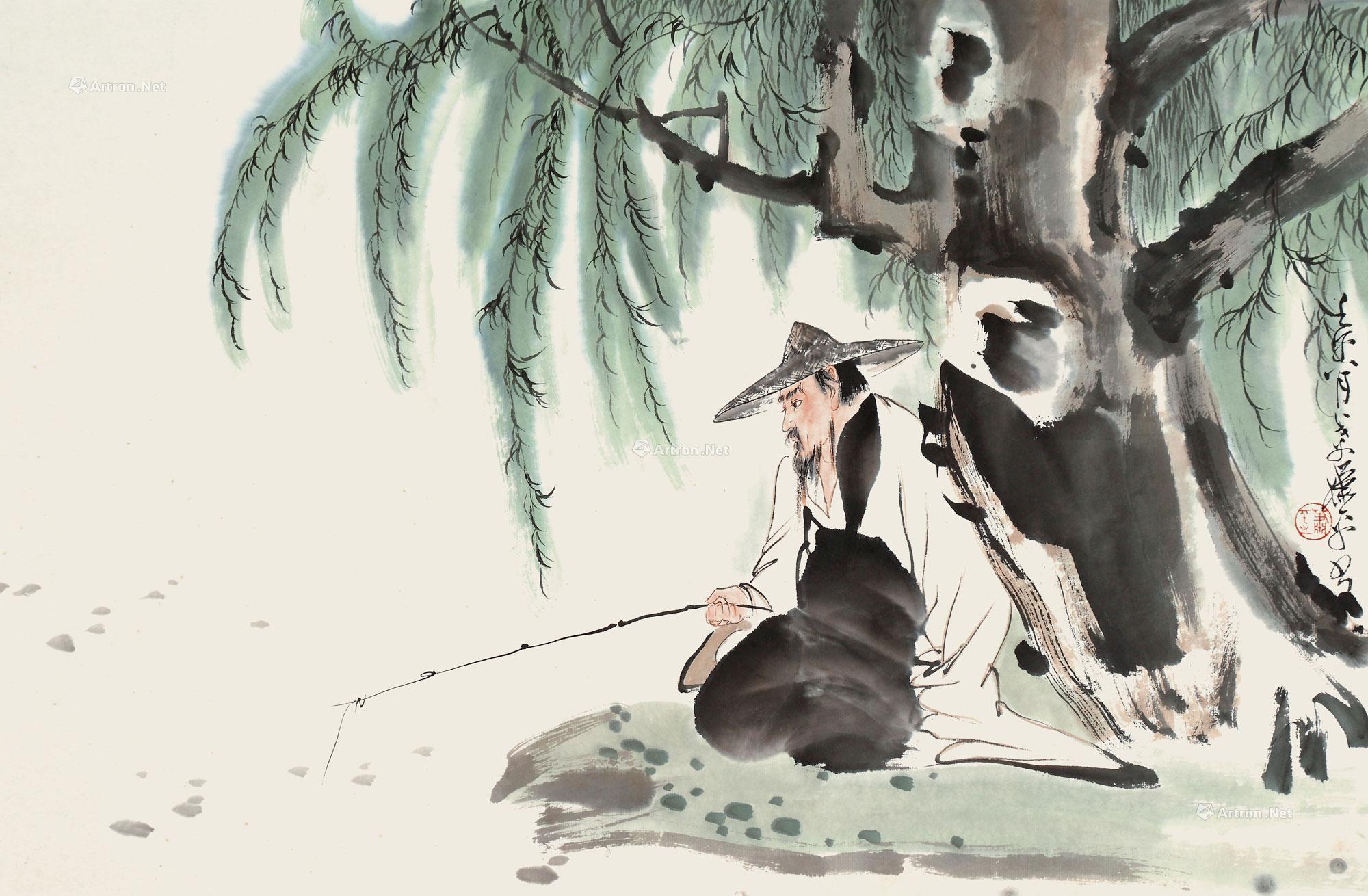 垂钓国画中国画垂钓垂钓画图片国画梦中垂钓春天垂钓国画二叟钓鱼图片