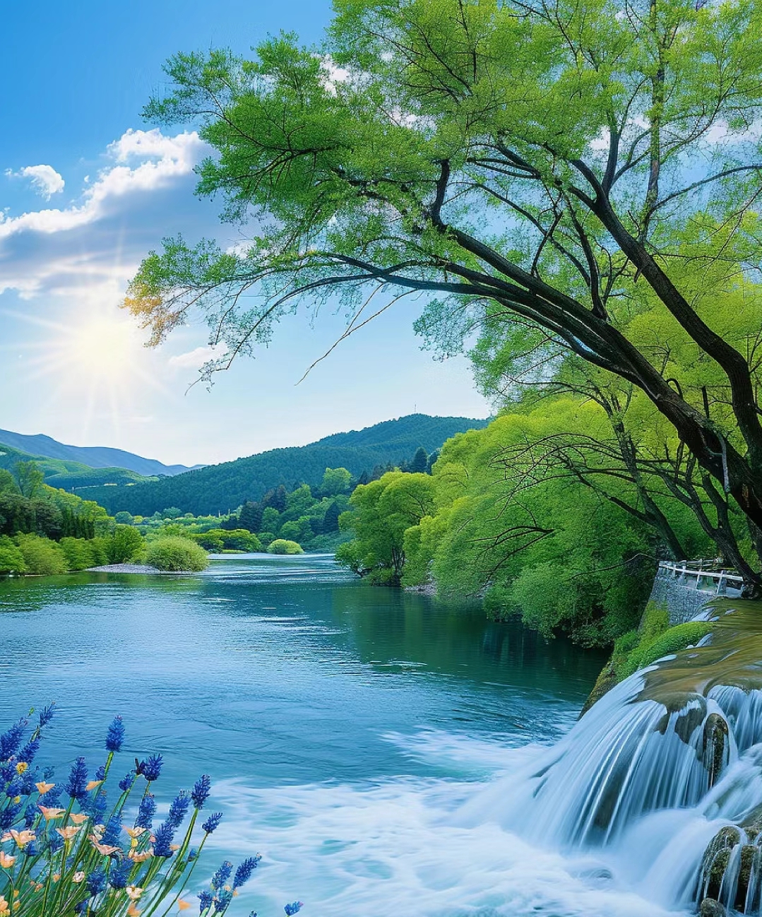 小河潺潺,绿意盎然,小桥流水,紫花点缀.