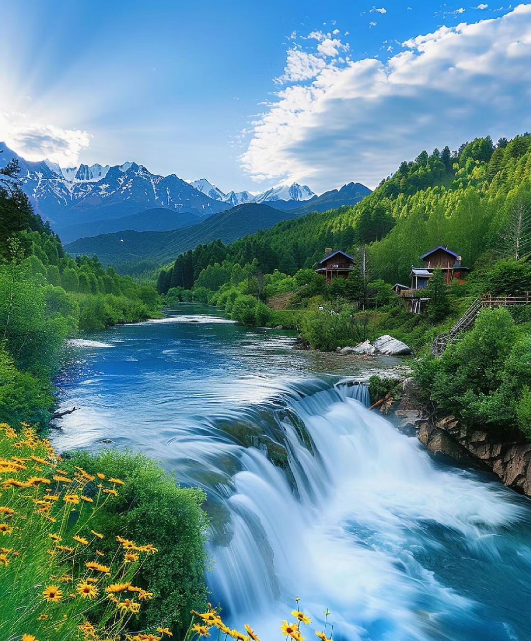 小河潺潺,绿意盎然,小桥流水,紫花点缀.