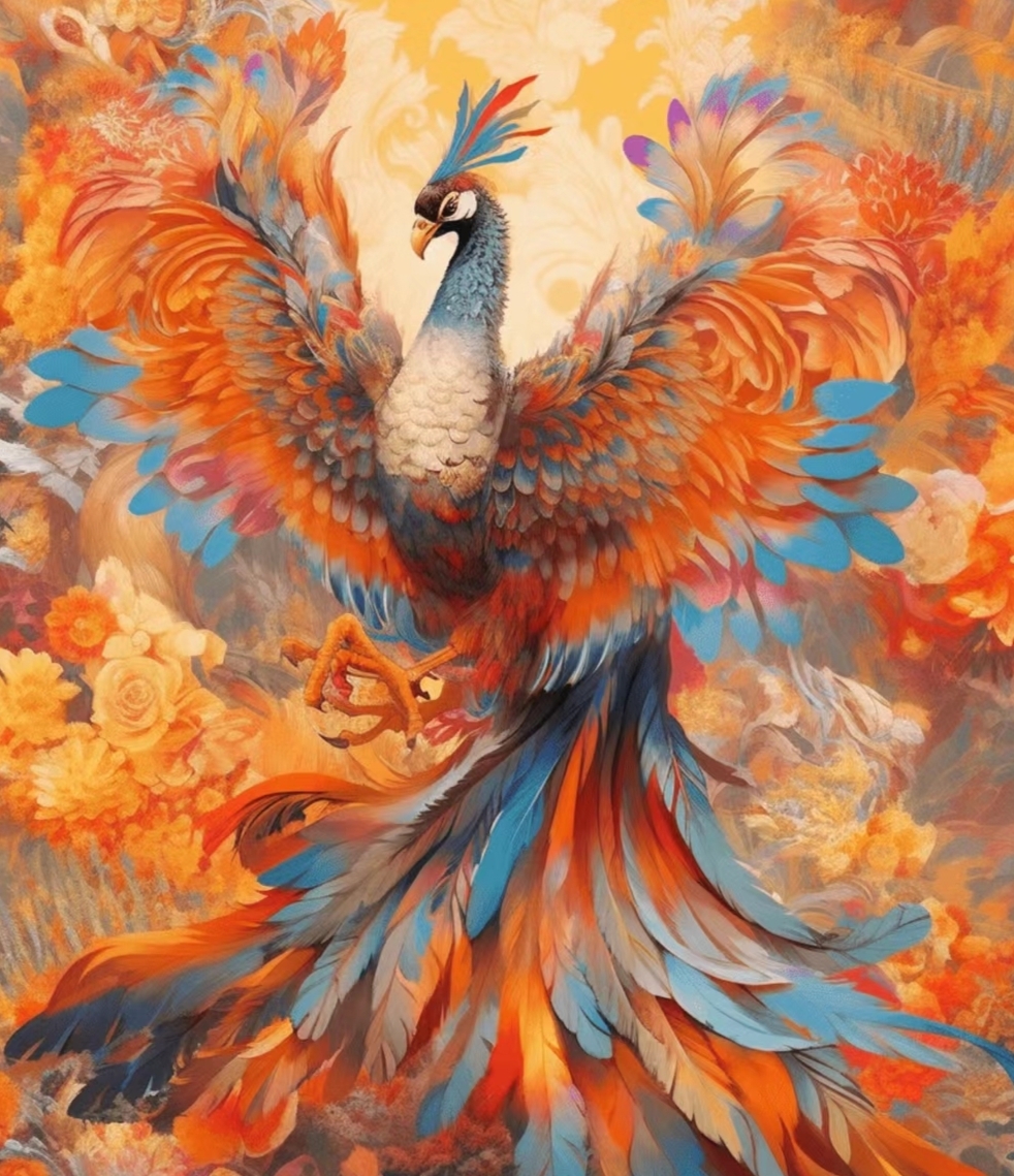 朱雀  朱雀翩翩舞, 吉祥满人间. 见者心欢喜, 幸福永相伴.