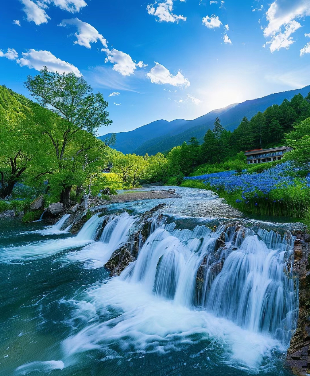 小河潺潺,绿意盎然,小桥流水,紫花点缀.