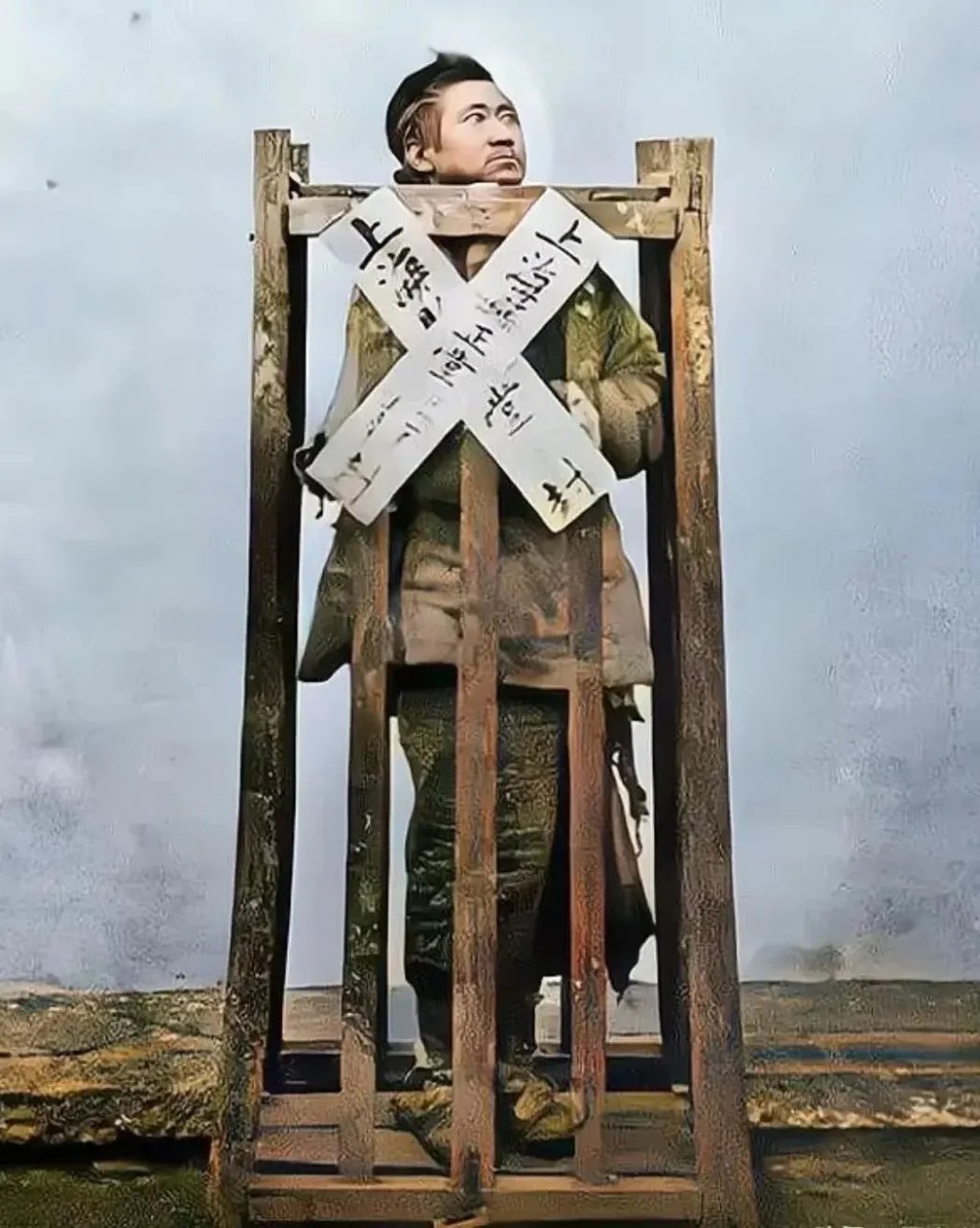 他的头伸出笼外,脖子卡在洞中无法动弹,表情桀骜不驯,未见惊恐.