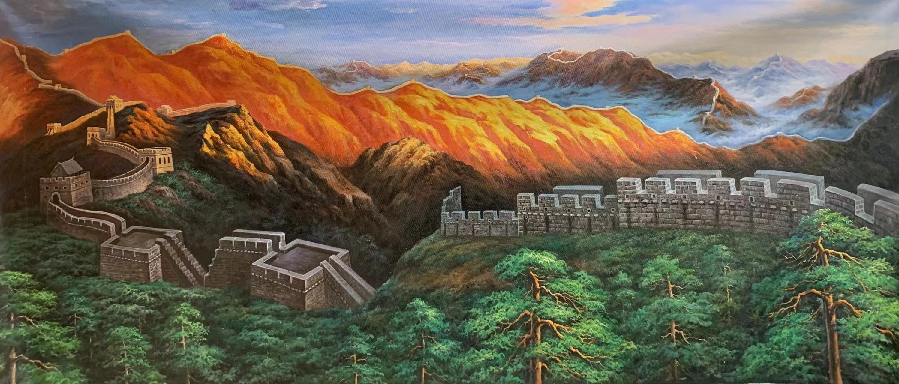 精品油画110x260cm 《金山岭晨光》