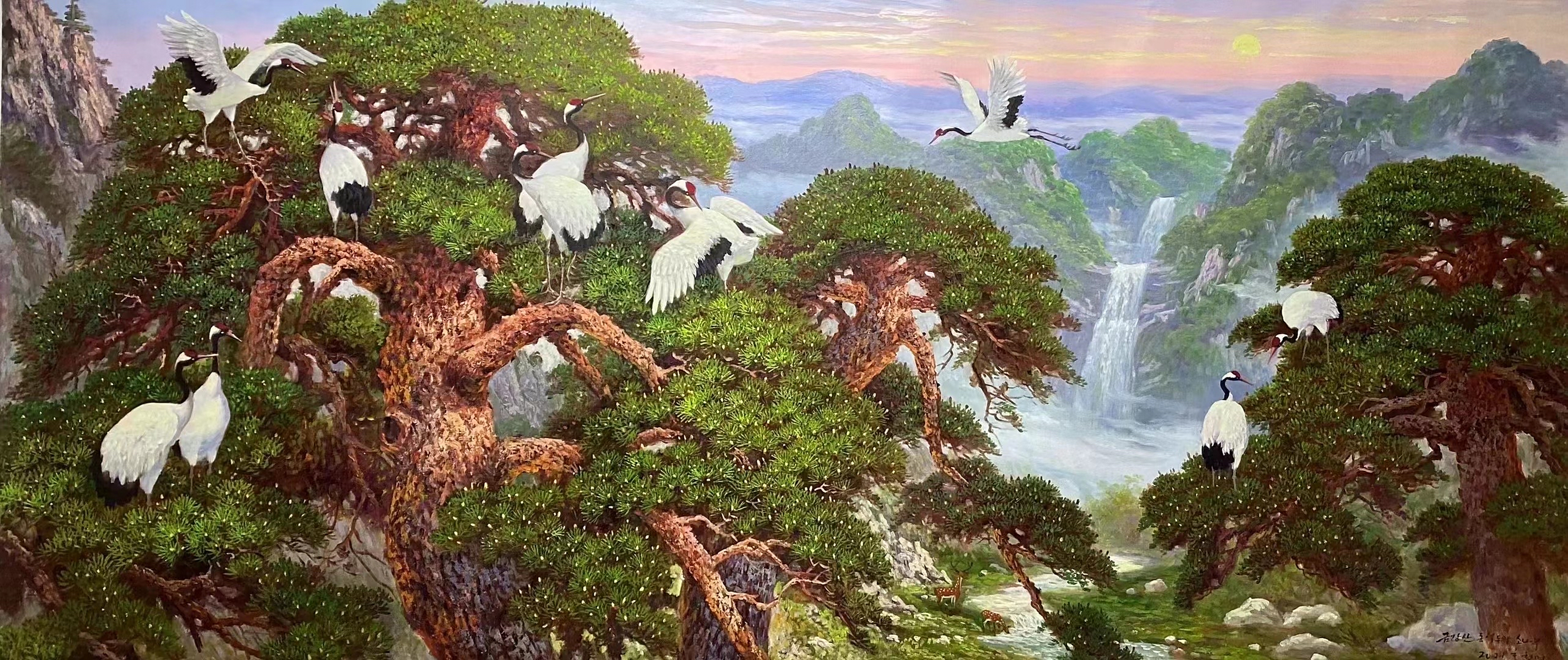 精品原创油画 朝鲜油画(松鹤图) 尺寸:300*130厘米