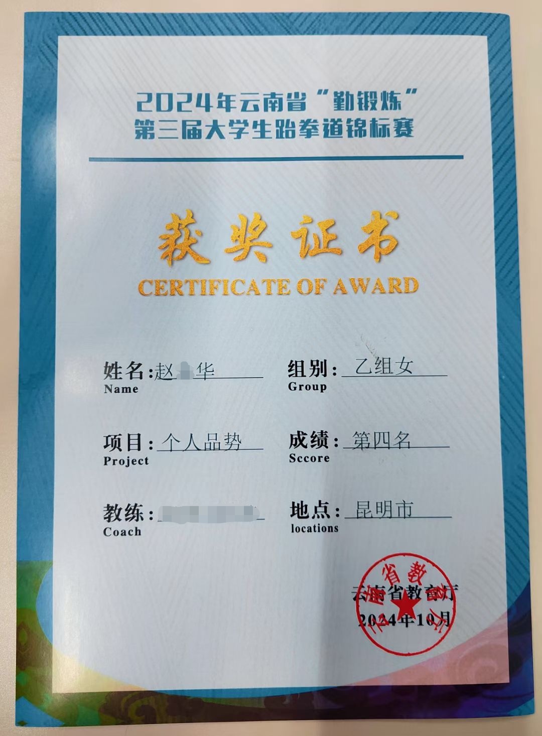 获奖情况2025年上海海事大学赵梦仙获得一等奖河南省跆拳道荣誉证书
