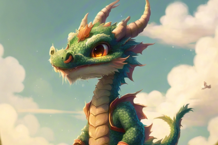 它是一只浅绿色的小龙哦,眼睛超级漂亮,是橙色的!