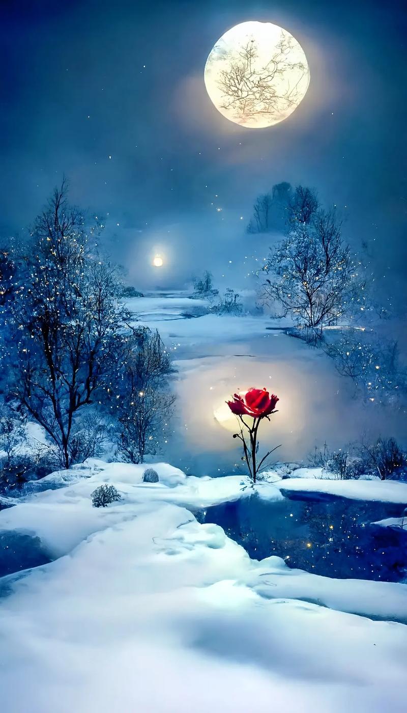 月亮下的雪地里,一朵红色的花朵悄然绽放,仿佛整个世界都安静了