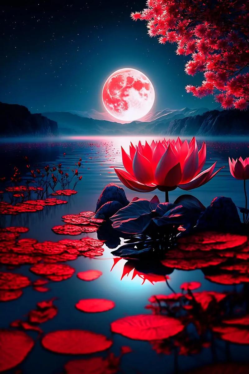 今晚的月光真美,我独自一人坐在湖边,看着满月和水中摇曳的红色莲花
