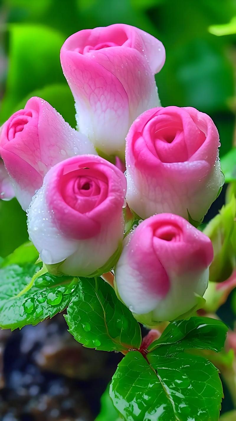 雨露滋润下的粉白玫瑰花,娇艳欲滴,美丽得让人陶醉