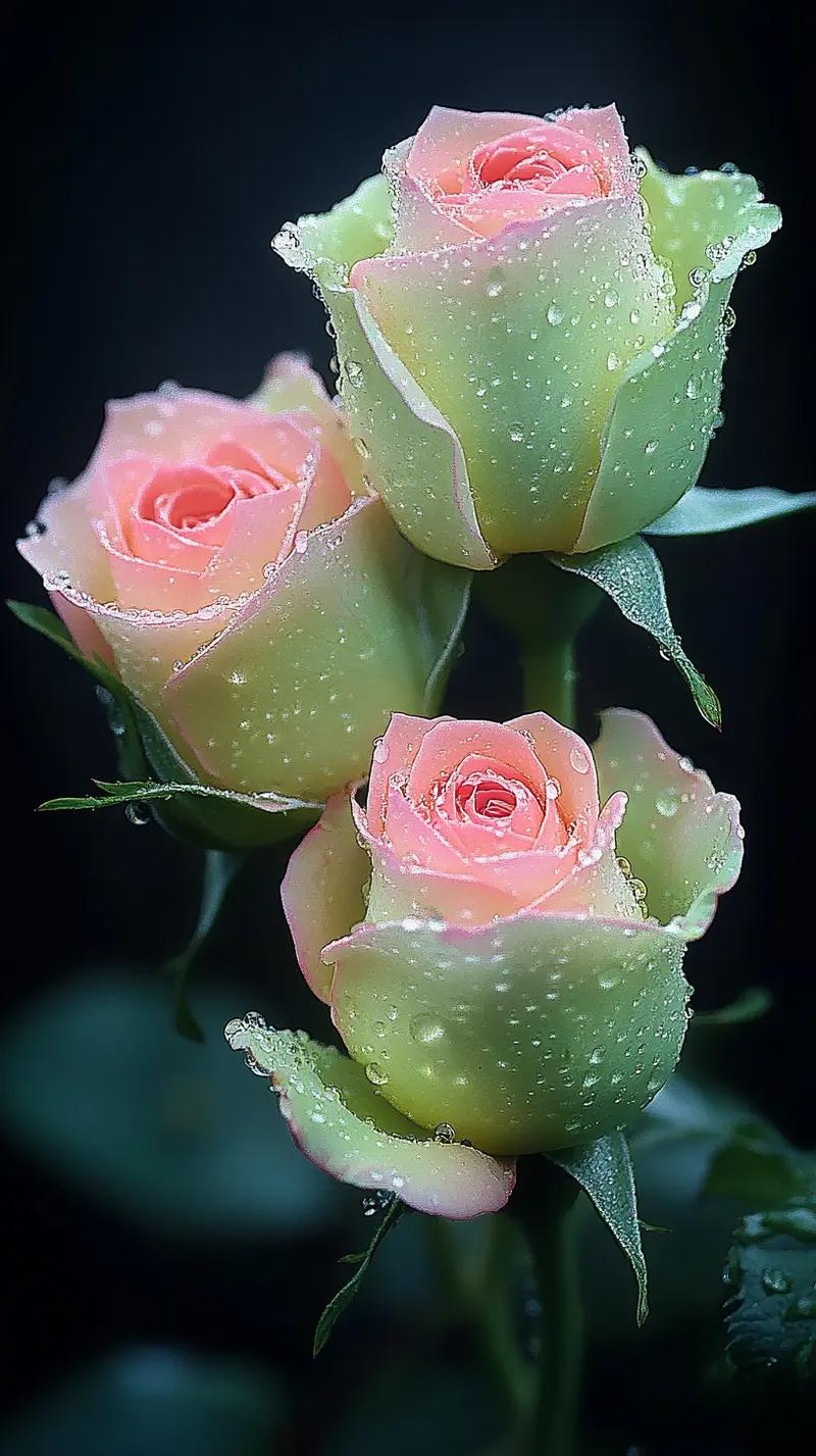 雨露滋润下的粉绿玫瑰花,美得清新脱俗,仿佛能闻到淡淡的花香