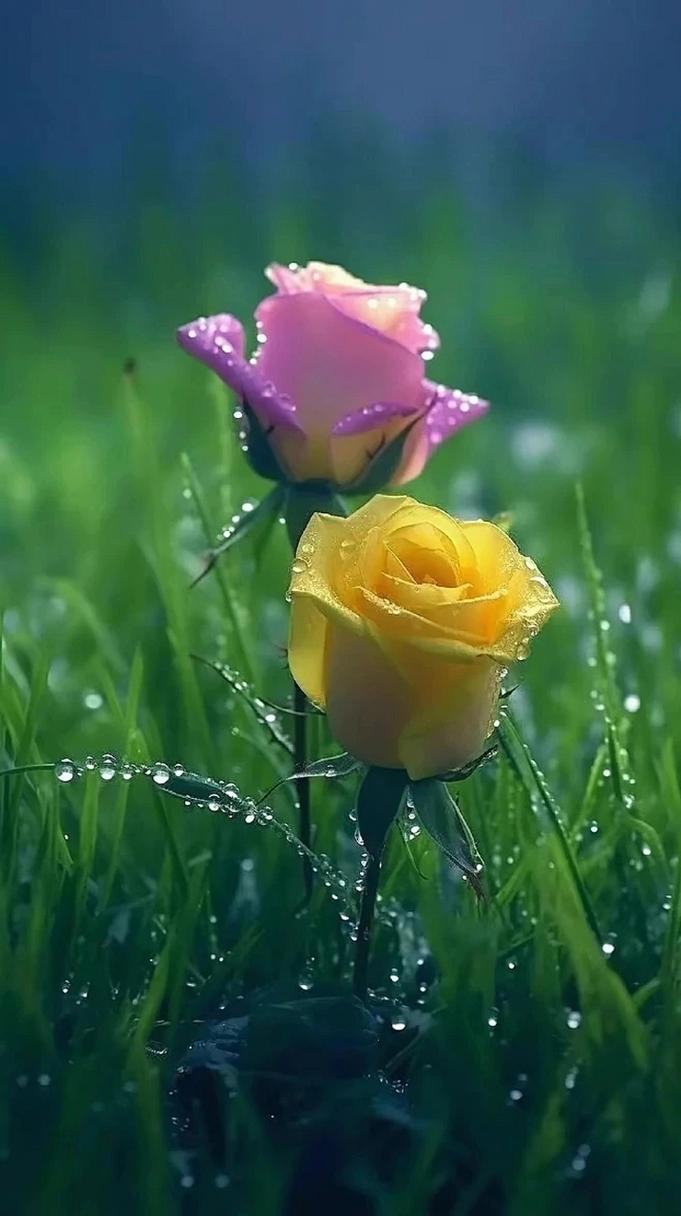 雨后的清晨,我在花园里发现了这两朵玫瑰花,它们在晨光中显得格外娇艳