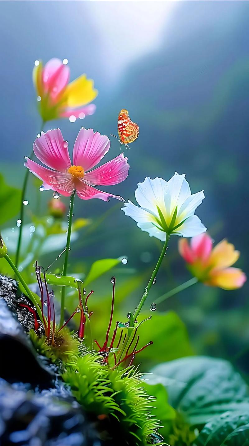 雨后的山野间,美丽的花朵与蝴蝶共舞,真是一道美丽的风景