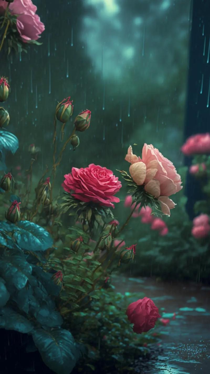 雨中漫步花间,花朵和雨滴相伴,美得让人心醉