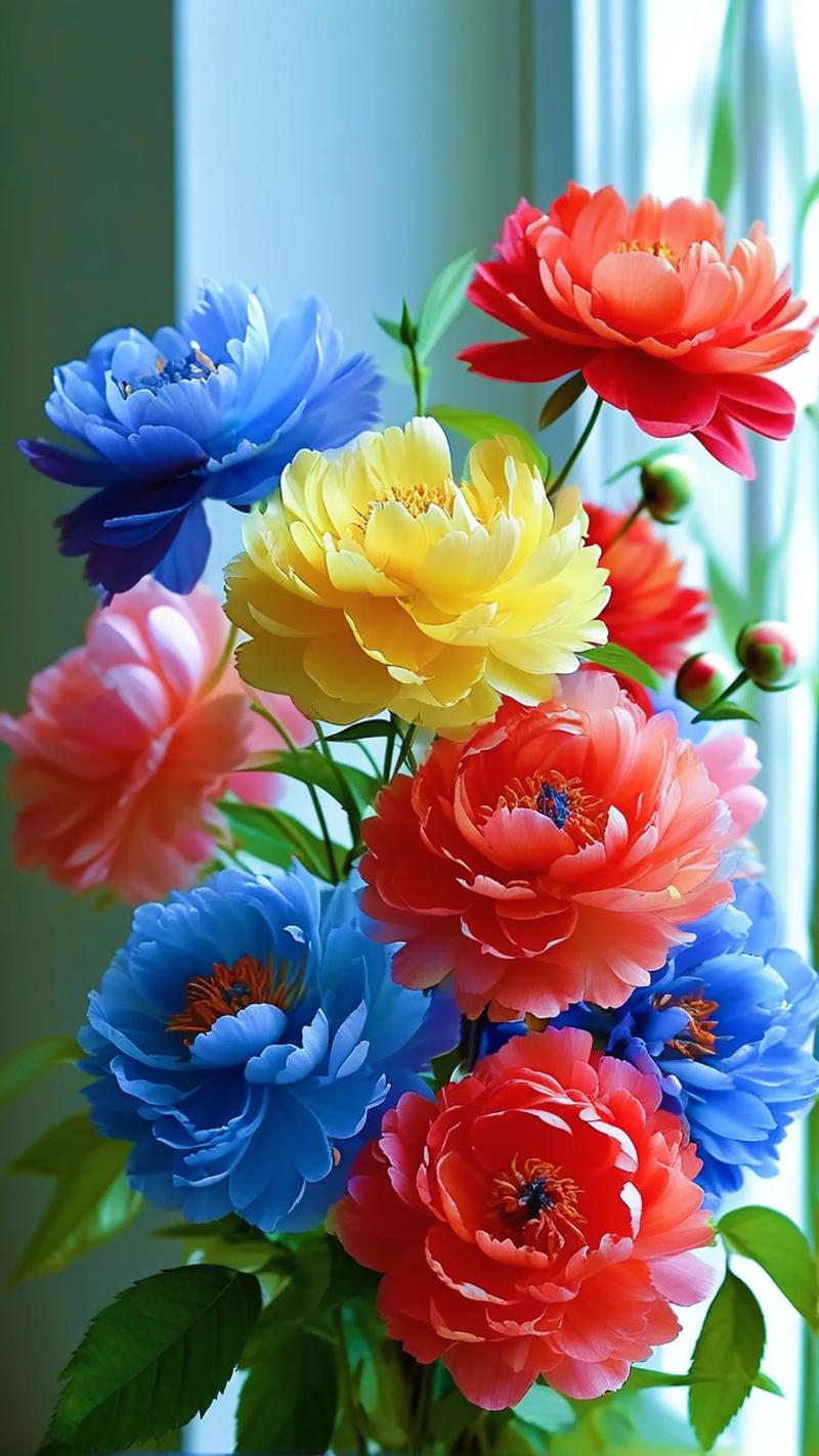 窗台上摆放的这些牡丹花,颜色真是太鲜艳了,让人心情大好