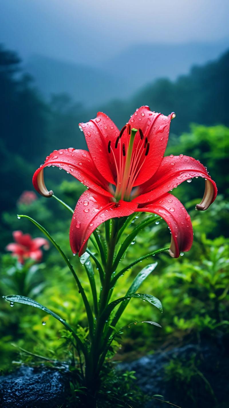 雨后山间欣赏红色的百合花,清新脱俗,美如画.它代表着热情,爱情和希望