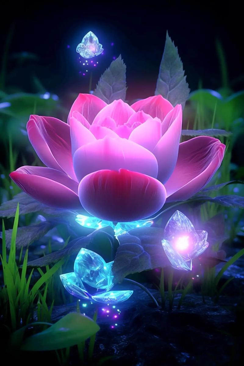 这朵荷花在黑暗中绽放,闪烁着迷人的光芒,就像童话故事里的场景一样