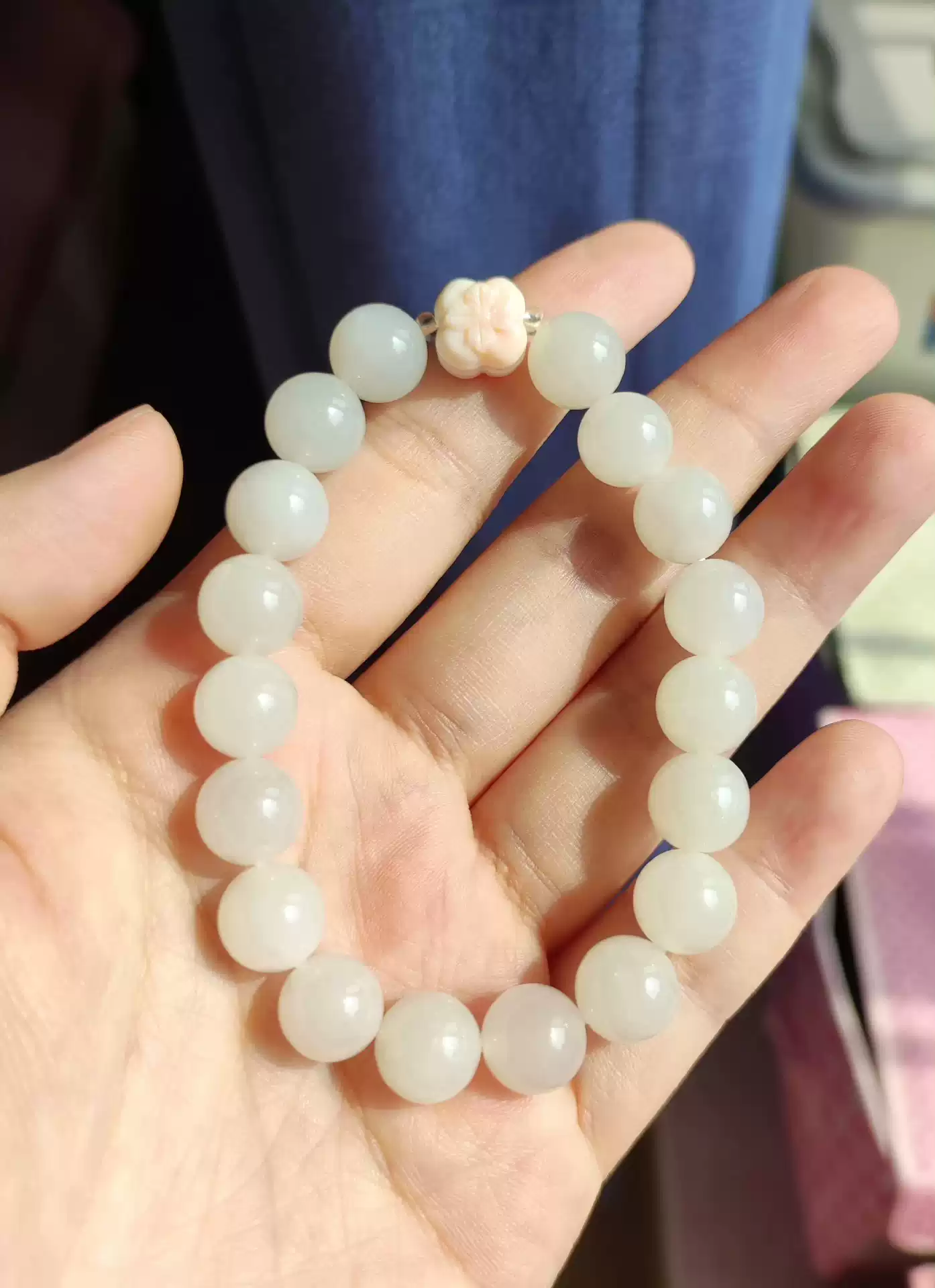 天然保真和田玉羊脂白玉设计手串  珠子卡10,颗颗精挑,无纹无裂,结构