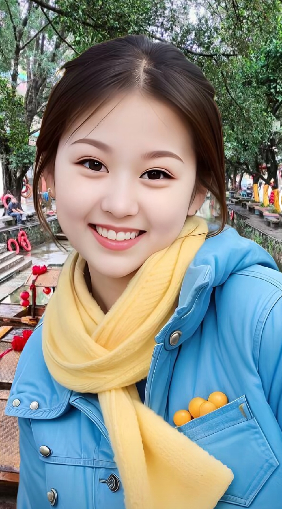小姐姐身穿蓝色外套与黄色围巾,笑容如花,心情肯定美极了!
