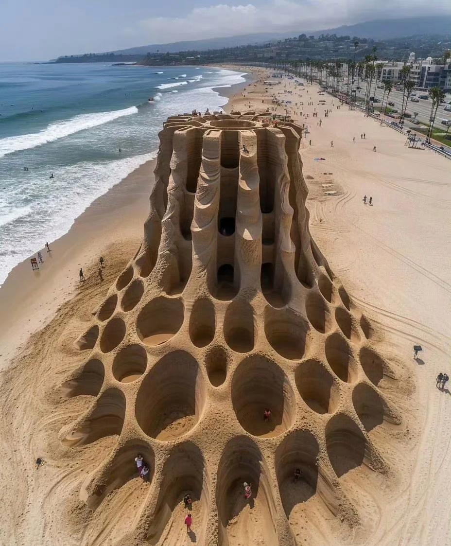 在沙滩玩耍,几个人玩出了新的境界,看电视里面的沙雕,他们凭自己的