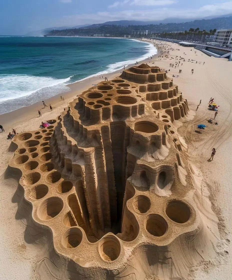 在沙滩玩耍,几个人玩出了新的境界,看电视里面的沙雕,他们凭自己的