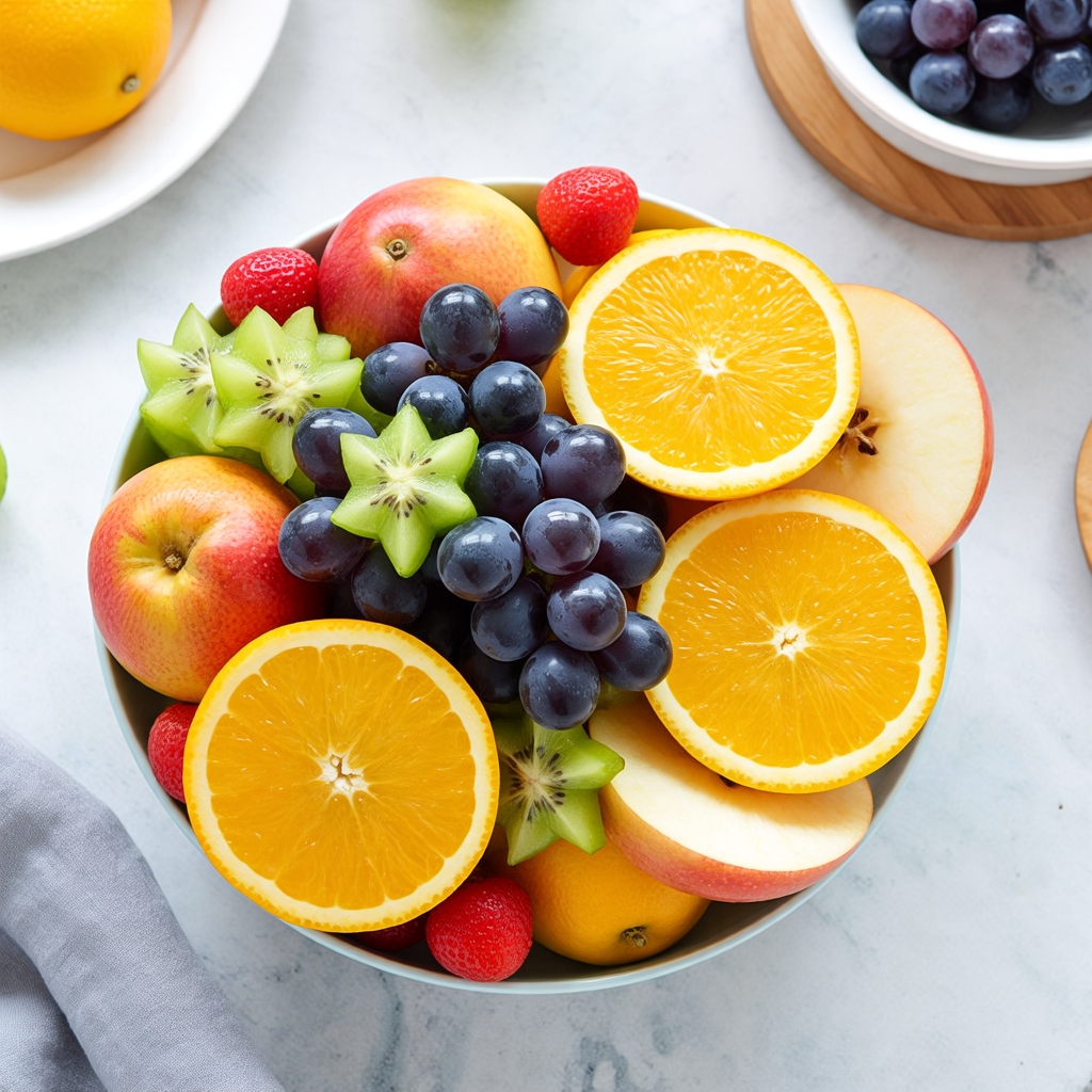 阳光透过玻璃窗洒在餐桌上,这碗水果拼盘瞬间被镀上金边