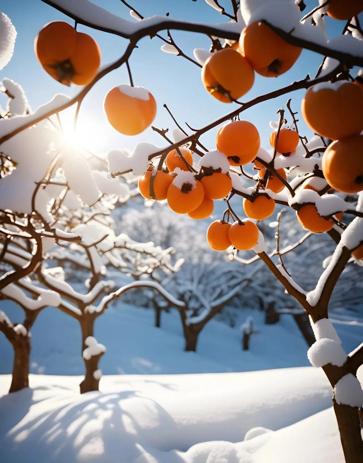 雪中的柿子树,如同一个沉默的诗人,用枝头的柿子书写着秋天的故事