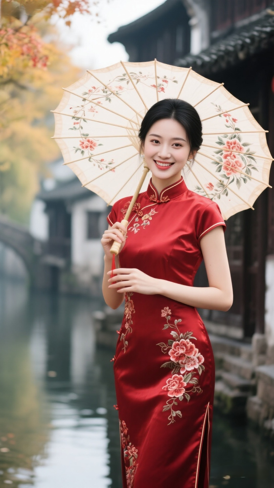 美女穿红色旗袍的美女图片真实人像摄影 水乡古装撑油纸伞的女人图片