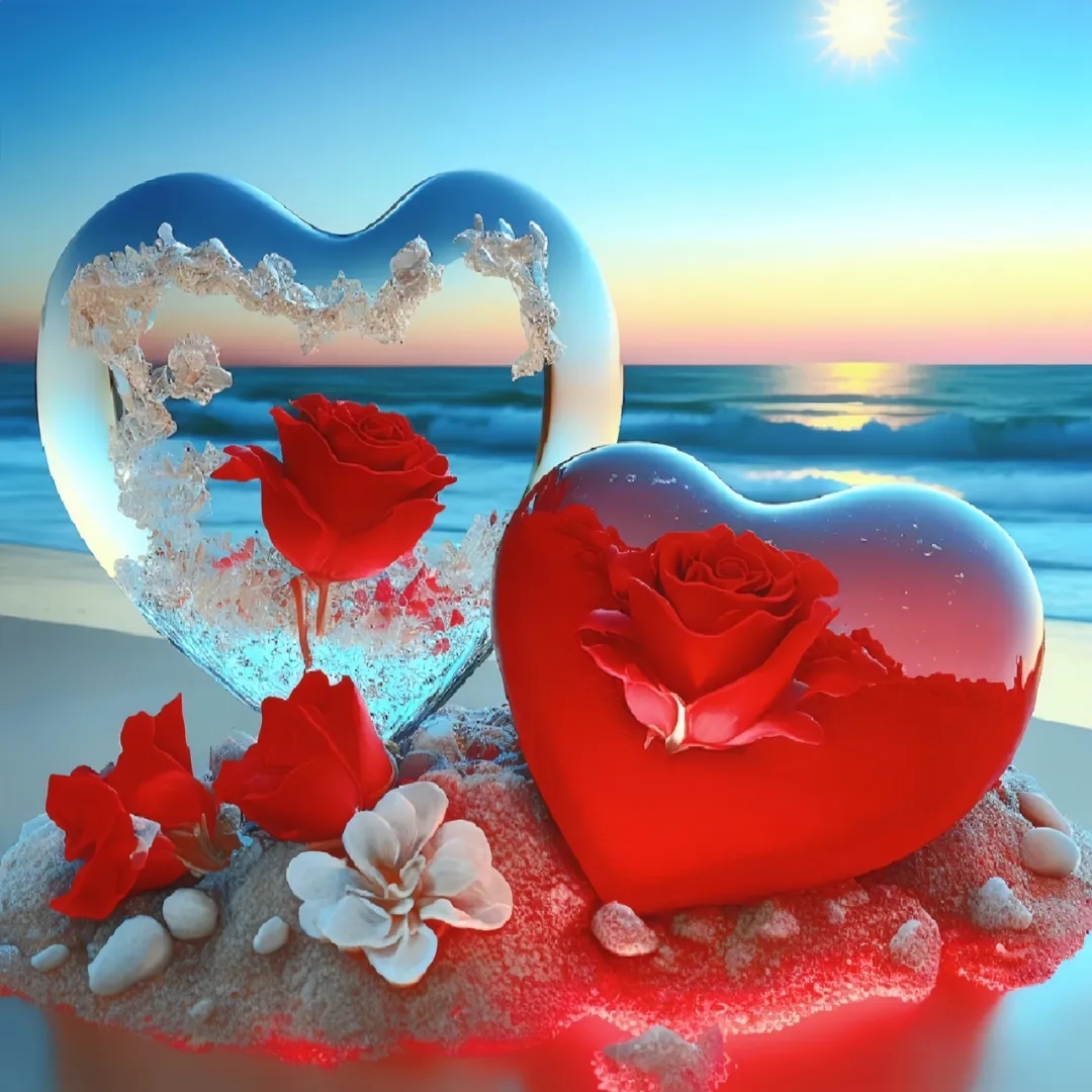 在海边,爱意凝结成晶莹的心形,盛放的玫瑰诉说热烈深情