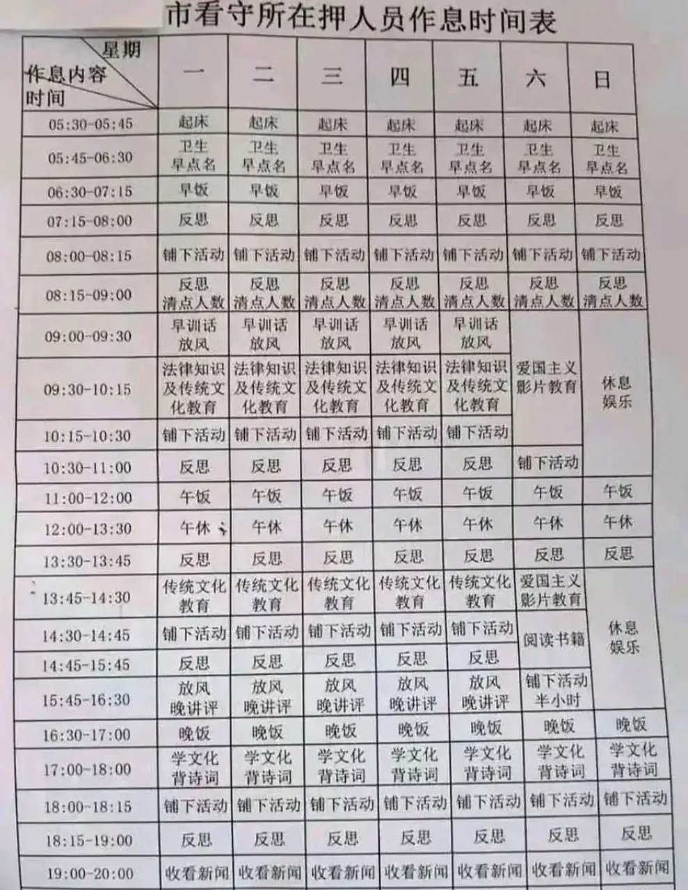 看守所休息时间表,进去过的老哥这是真的吗
