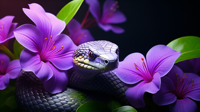 哇,这条蛇好有范,藏在紫色的花丛中,美翻了!