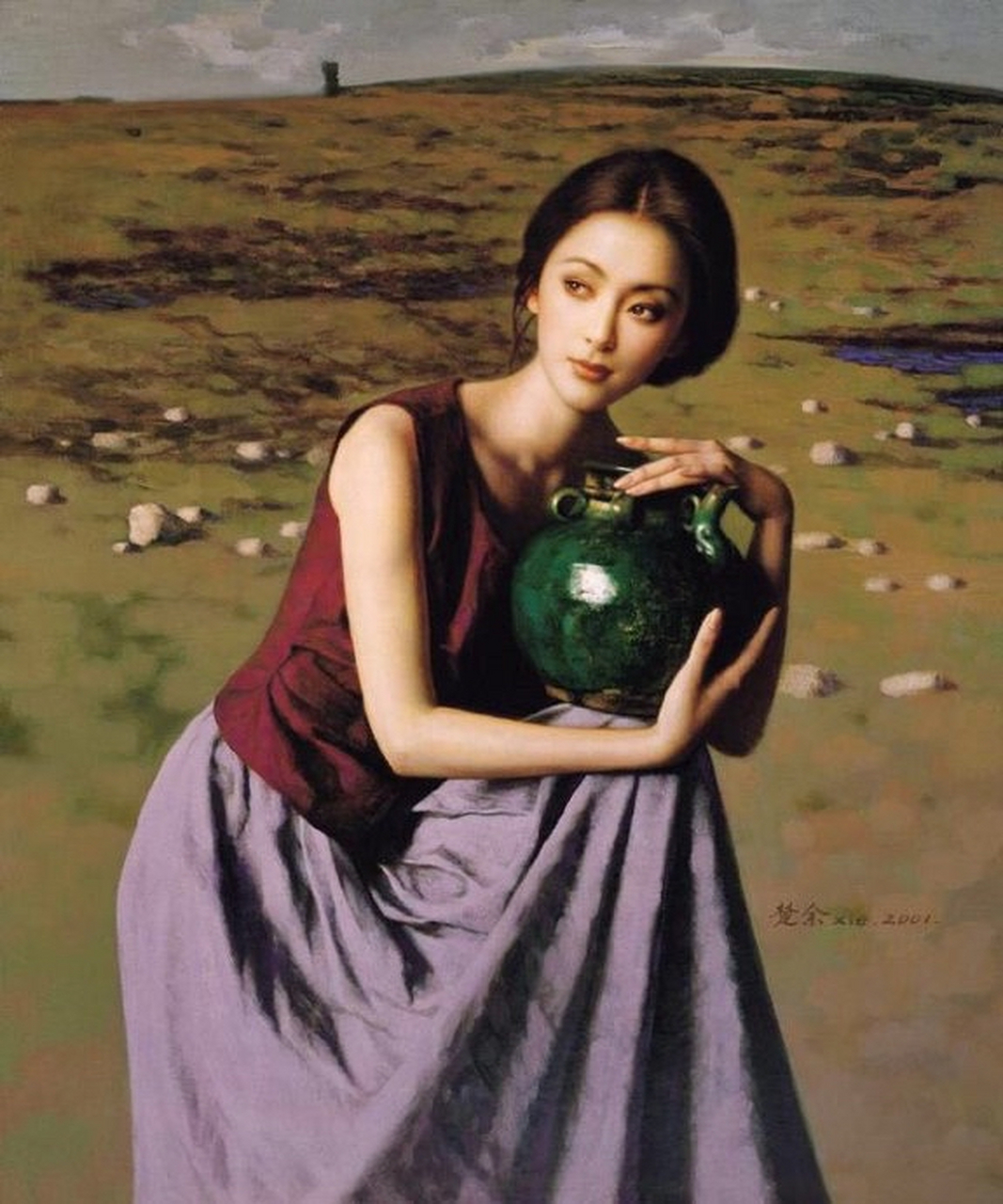 抱陶女油画高清原画图片