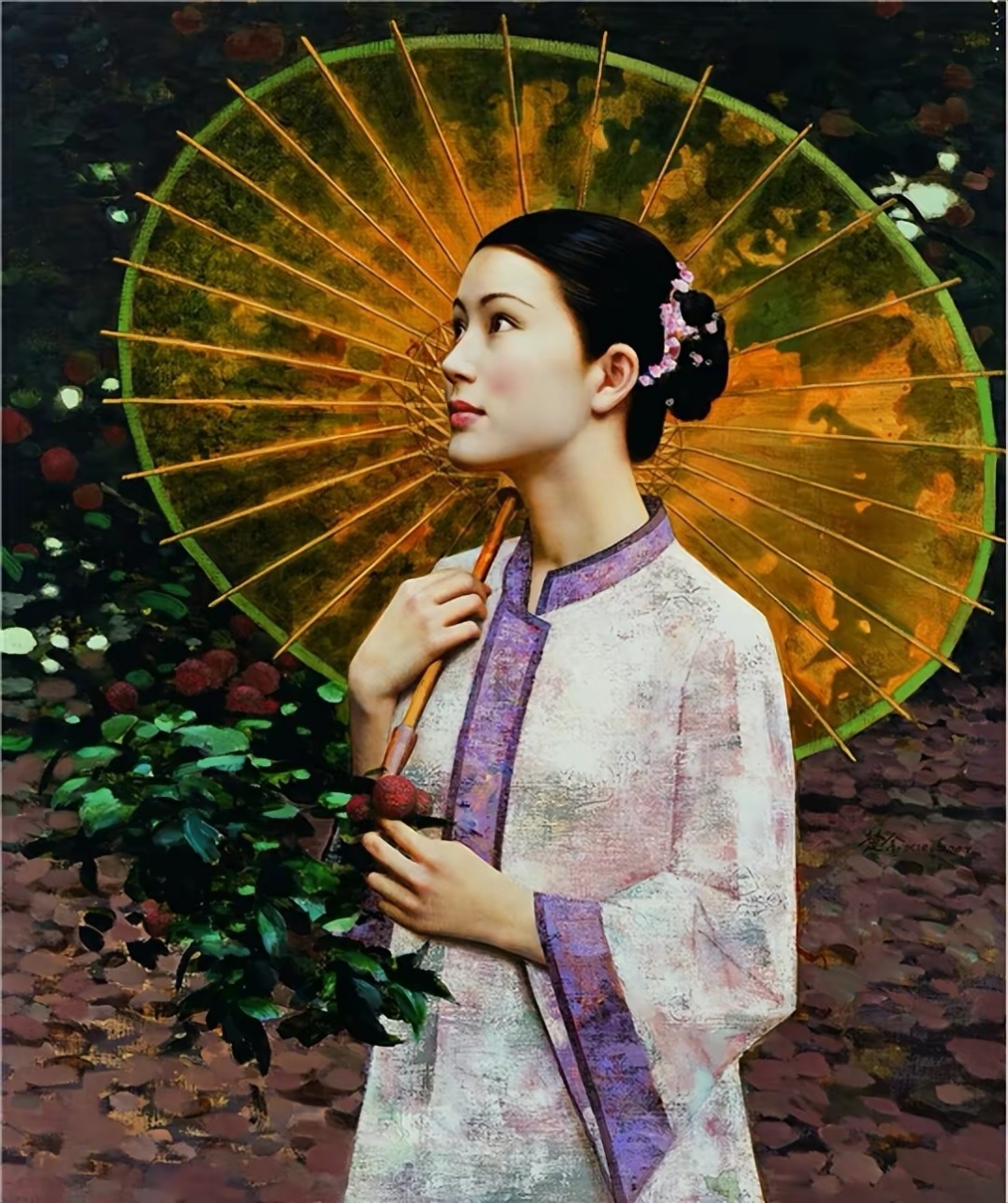 抱陶女油画高清原画图片