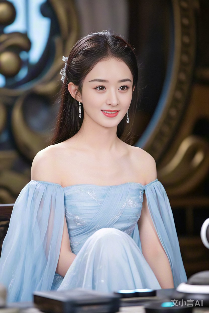 赵丽颖身穿淡蓝色礼服,优雅坐在华丽椅子上,宛如童话中的公主