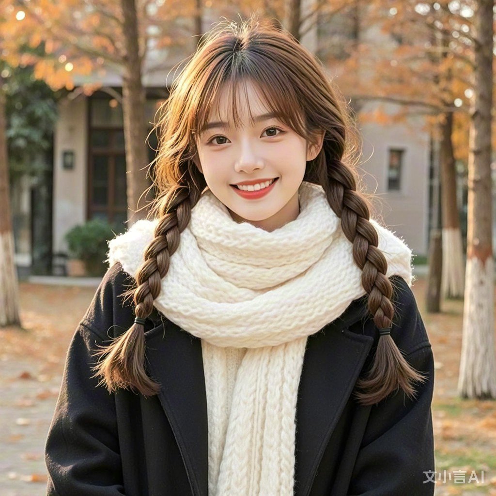 文小言ai,冬日温暖系女孩,长辫缠绕着你的视线,笑容融化着冬的寒冷