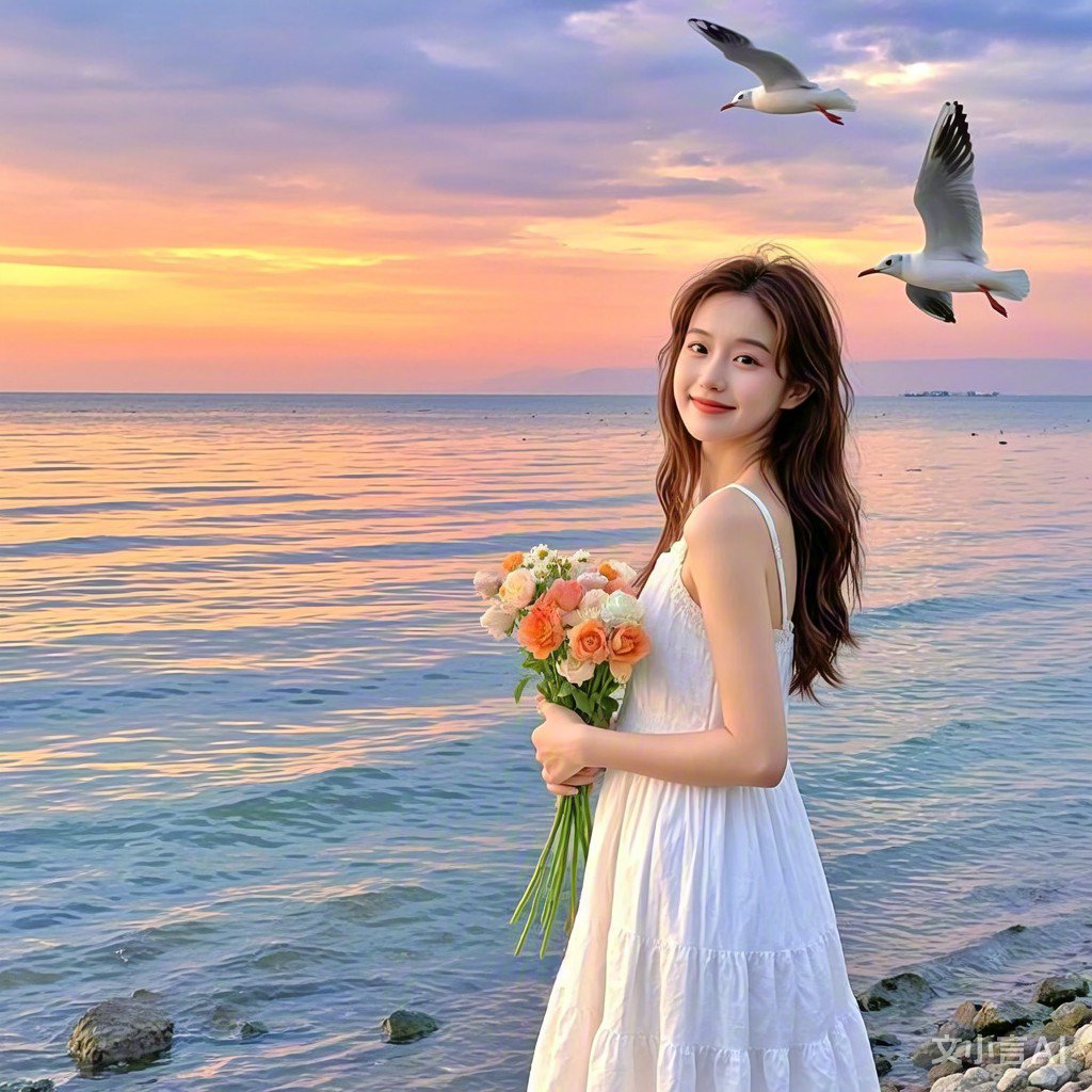 海边夕阳下,手捧鲜花,与海鸥共舞,仿佛整个世界都属于此刻的我