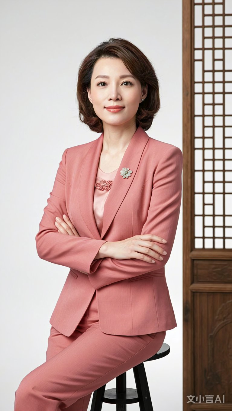 董卿优雅地坐在椅子上,双手轻轻交叠于前,嘴角微翘,流露出自信的微笑