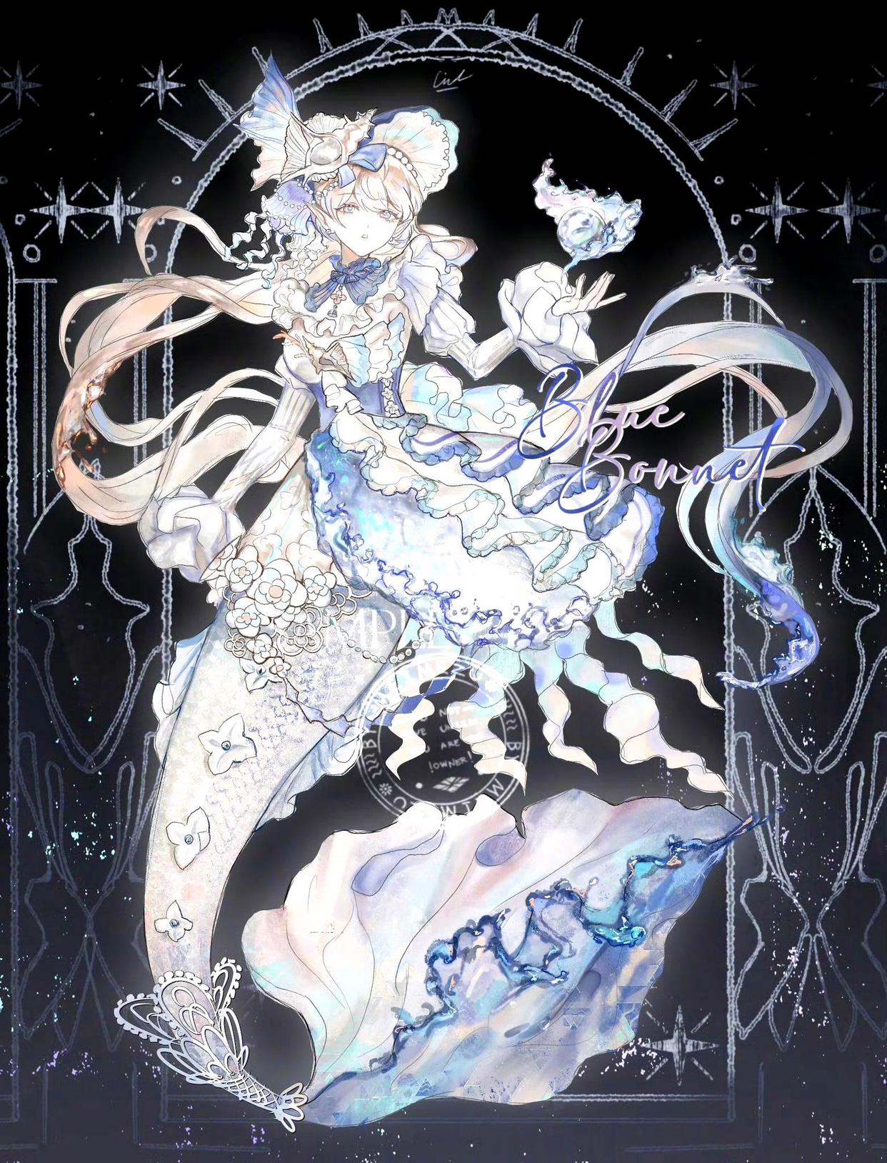 画师meimezu绘制的美人鱼插画作品,用流畅的线条描绘了造型华丽的人鱼