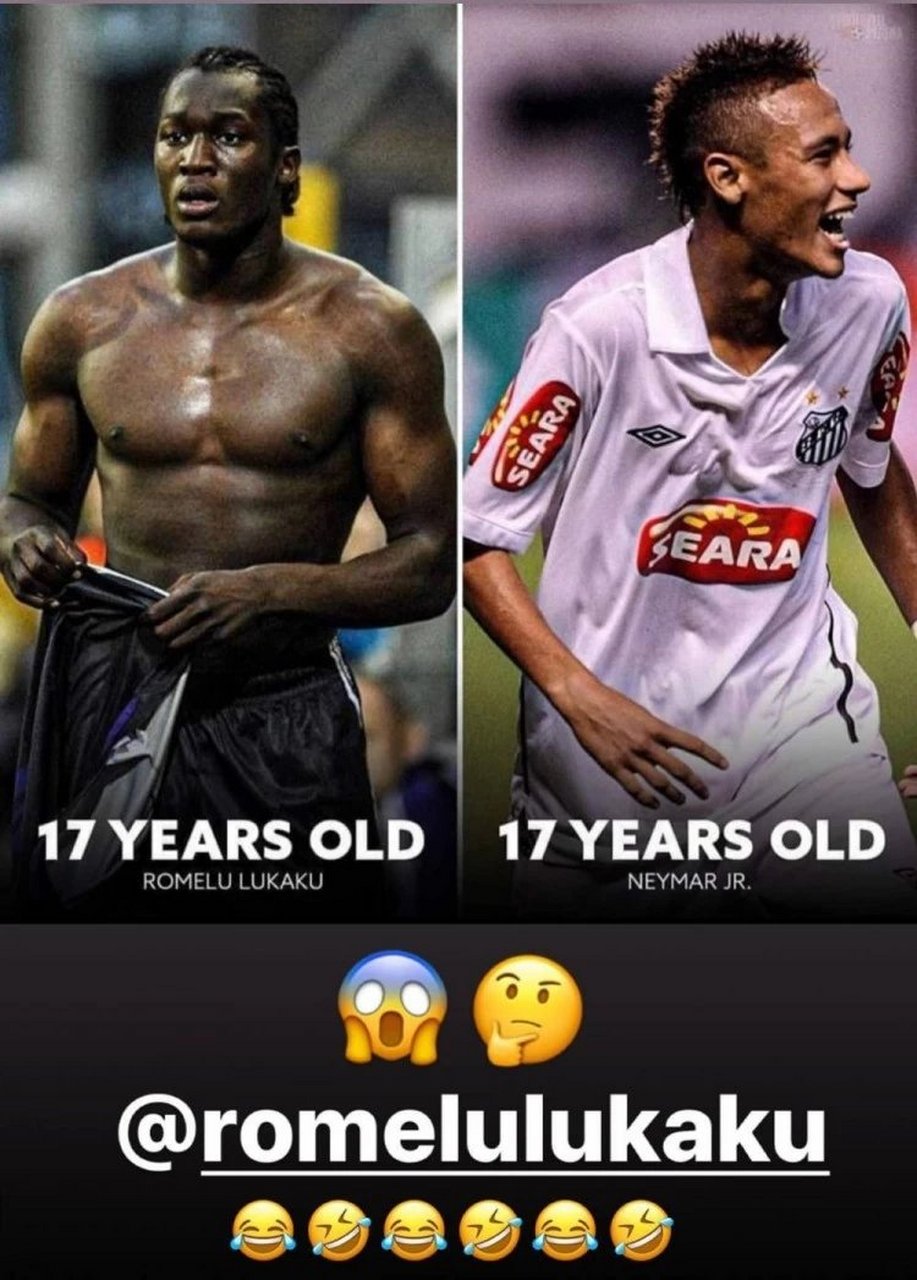 内马尔社交媒体上晒17岁与卢卡库对比照[捂脸]野兽与排骨人[笑哭]